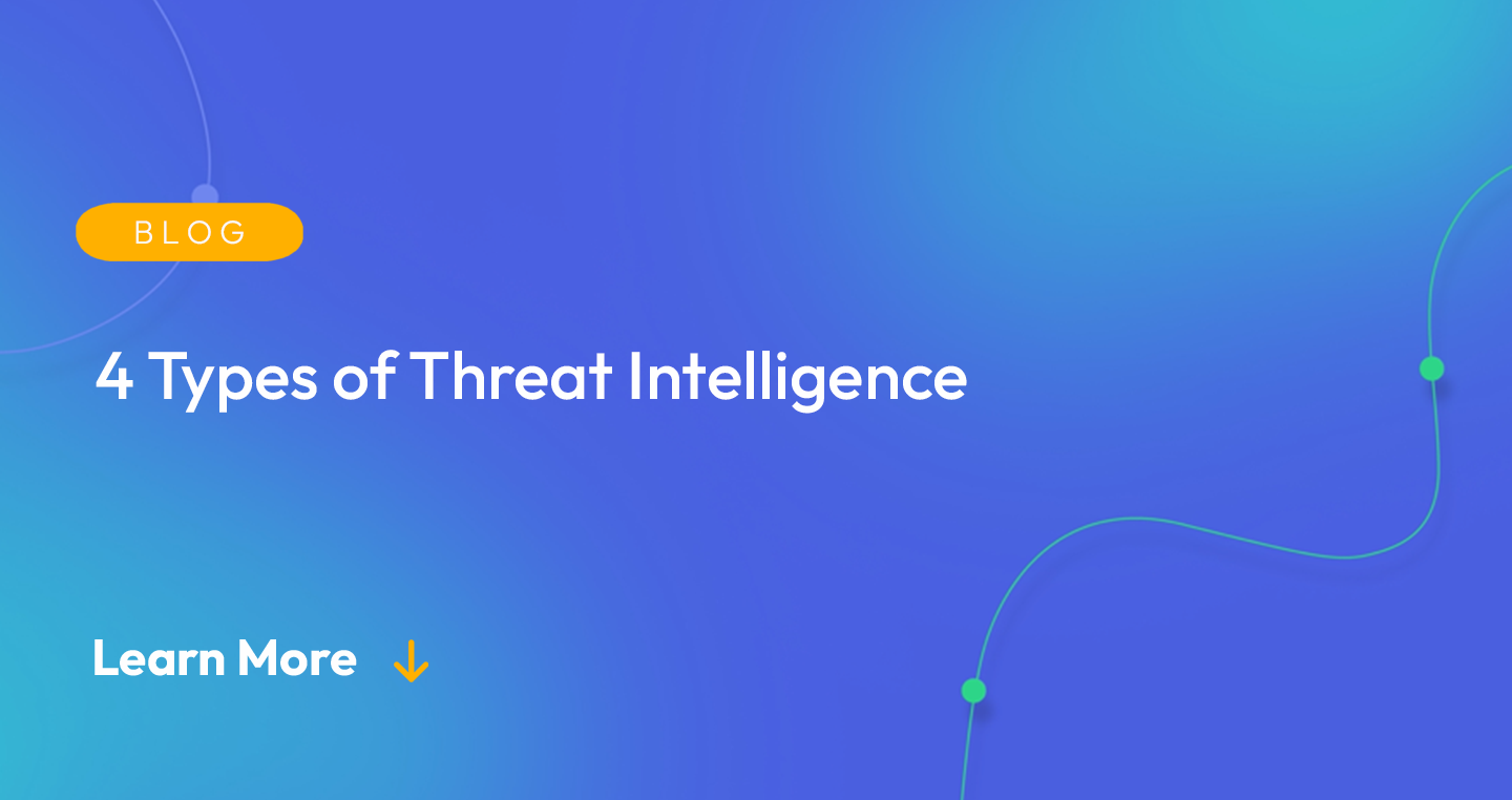 Gradient blue background. There is a light orange oval with the white text "BLOG" inside of it. Below it there's white text: "4 Types of Threat Intelligence." There is white text underneath that which says "Learn More" with a light orange arrow pointing down.
