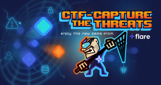 CTF Le texte Capturer les menaces en orange sur un fond bleu foncé. Il y a un homme de dessin animé avec un logo Flare sur sa chemise tenant un filet.