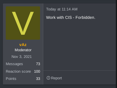 Screenshot of RAMP Forum post from a moderator that states "Work with CIS - Forbidden" over a black background.