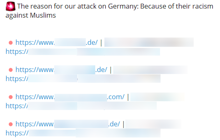 capture d'écran d'une chaîne Telegram d'attaque DDos avec des liens permettant à d'autres acteurs de la menace de se joindre aux attaques DDoS contre les nombreuses organisations allemandes.