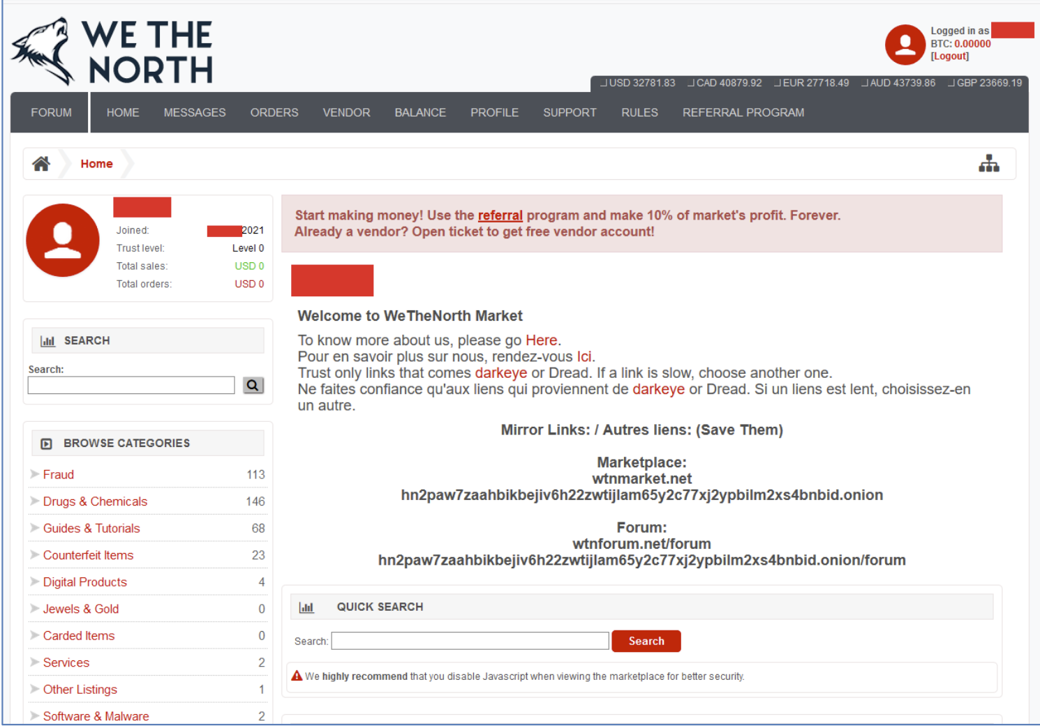 Screenshot of the dark web market We the North. The background is white, and the name of the market is on the top left. This page shows a welcome message.