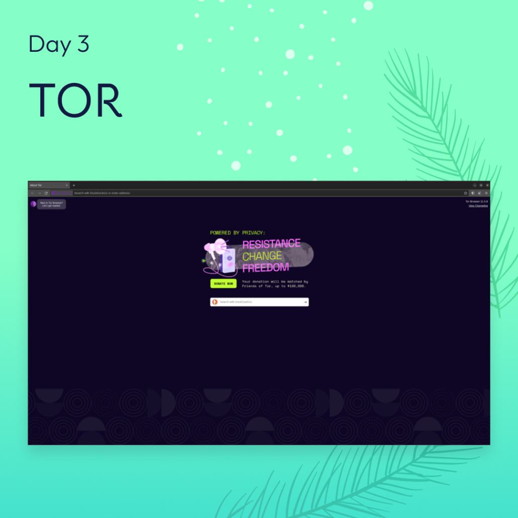 Black text "Day 3 TOR"​ with the screenshot of the TOR browser homepage over a light green background.