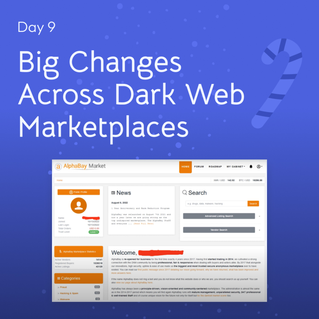 White text "Day 9 Big Changes Across Dark Web Marketplaces"​ with a screenshot of the homepage of AlphaBay Market.