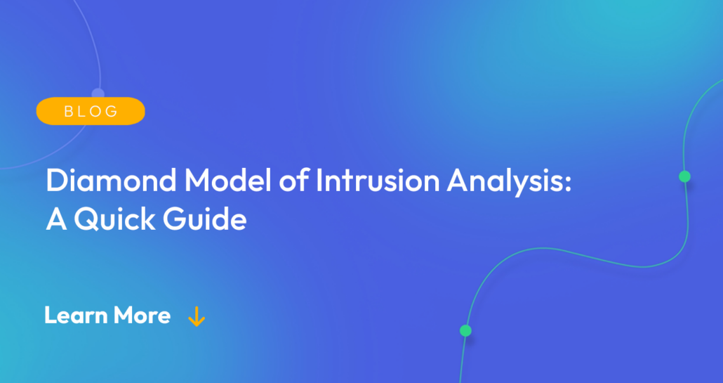 Gradient blue background. There is a light orange oval with the white text "BLOG" inside of it. Below it there's white text: "Diamond Model of Intrusion Analysis: A Quick Guide." There is white text underneath that which says "Learn More" with a light orange arrow pointing down.