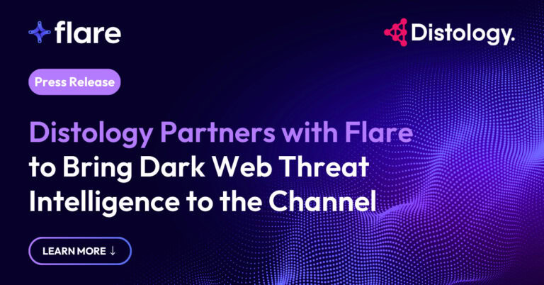 Navy background with Flare logo in the top left corner and Distology logo in the top right corner. There is a purple oval with the white text "Press Release" and below is it the text "Distology Partners with Flare to Bring Dark Web Threat Intelligence to the Channel"