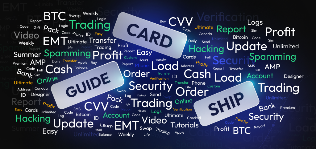 Word cloud of commonly used jargon on the dark web. The background is navy and the words are in differing sizes in white, green, brown, gray, and blue. There are three light blue rectangles scattered across the image with a word in each: card, guide, and ship in navy, demonstrating the top used words on the dark web. 