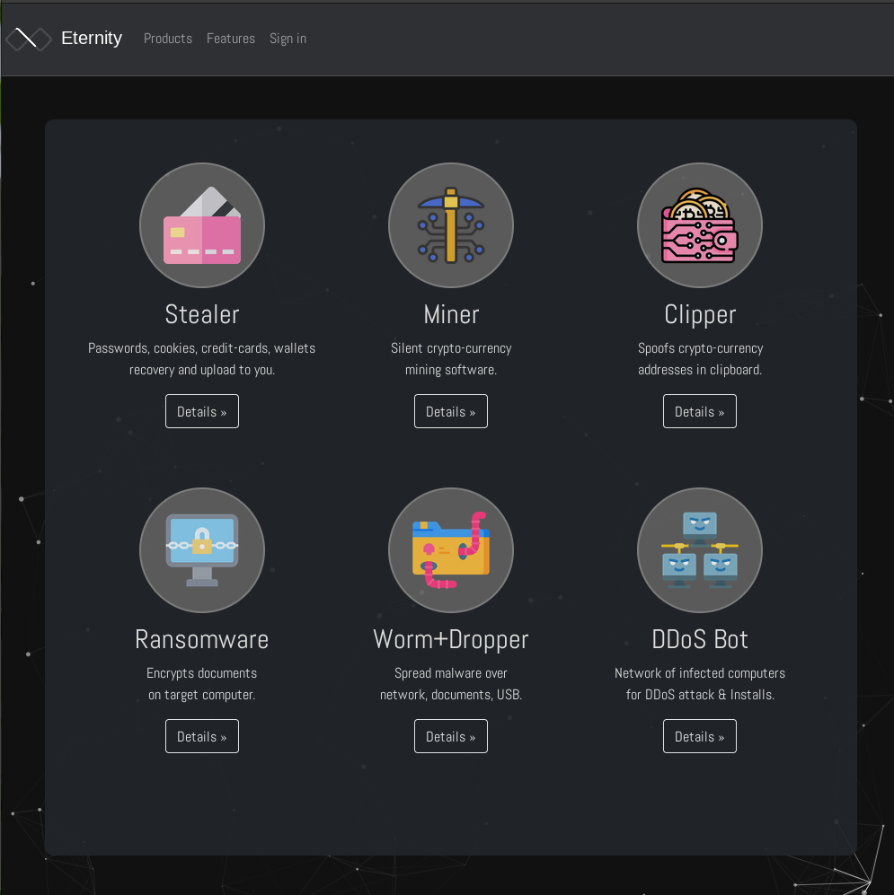 Screenshot of Eternity, a dark web hosted shop. The background is black. There are six circles with icons in them, with text below each one for "Stealer," "Miner," "Clipper," "Ransomware," "Worm+Dropper," and DDoS bot. 