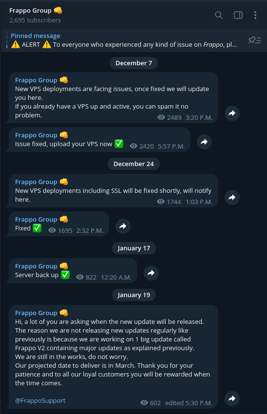 Screenshot of the Frappo Group's Telegram channel where administrators share updates. The background is navy. There are six messages discussing fixed issues and updates. 