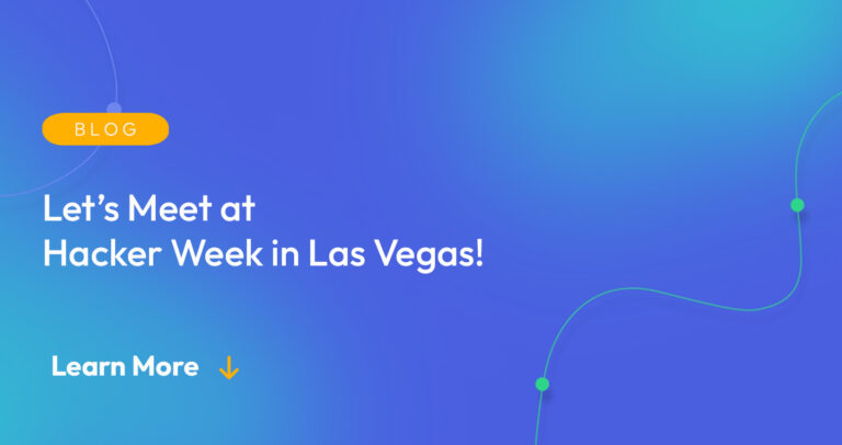 Gradient blue background. There is a light orange oval with the white text "BLOG" inside of it. Below it there's white text: "Let's Meet at Hacker Week in Las Vegas!" with a light orange arrow pointing down.