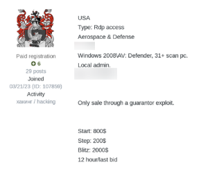 IAB post that outlines the type of access the threat actor is selling. The background is white and there is black text over it with a profile picture in the top left. The post highlights RDP access to an American aerospace & defense organization.