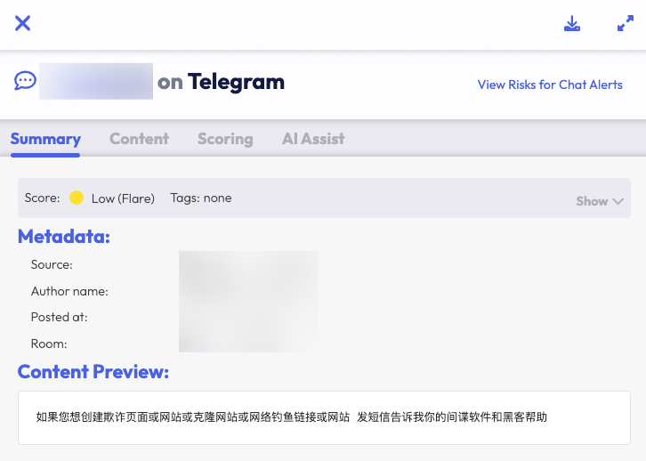 Screenshot of Flare platform clicked into a Summary tab for an alert. The Content Preview shows a threat actor’s message in Mandarin Chinese. 