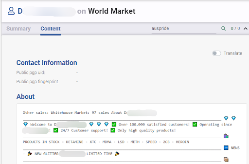 Screenshot from Flare of one threat actor's content on World Market. The message advertises the drugs they are selling. 
