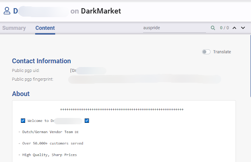 Screenshot from Flare of one threat actor's content on DarkMarket. The message advertises that they are in a German & Dutch vendor team, has served over 50,000 customers, and has high quality products. The message is similar to the post in Versus.