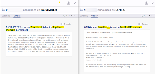 Two Flare screenshots next to each other. A threat actor with different usernames has posted messages in World Market and DarkFox with the same phrasing "Pure Uncut Ketamine top Shelf Premium" in the title.  