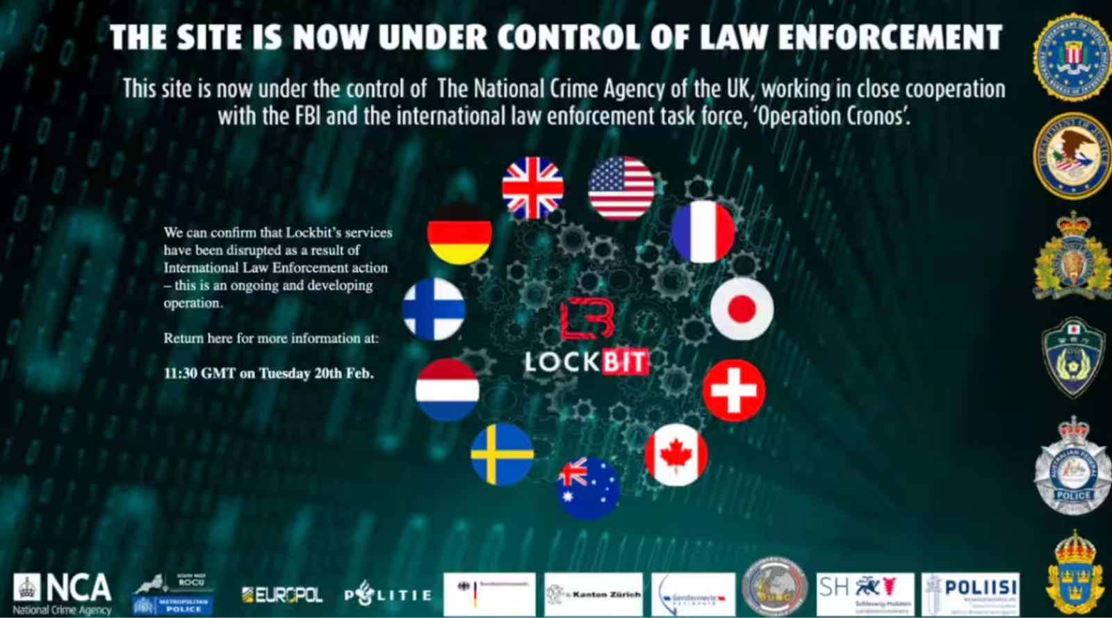 The LockBit front page after the takedown shows a message from law enforcement agencies with the logos of their organizations and the flags of the involved organizations around the LockBit logo