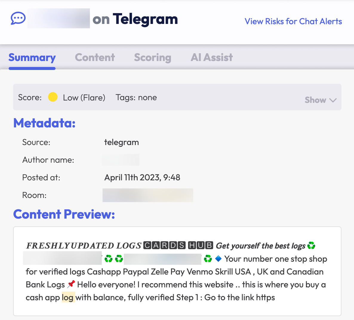 A Telegram message screenshot from Flare. The background is a light gray with black text. The Content Preview shows a post advertising freshly updated logs. 