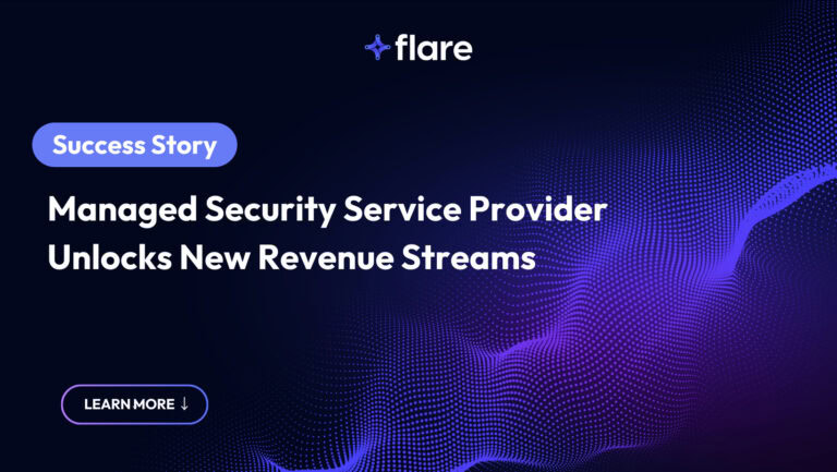 Black background with purple dots in the formation of waves. In the top middle is the Flare logo. On the left is a blue-purple oval with white text "Managed Security Service Provider Unlocks New Revenue Streams." At the bottom is an oval that says "LEARN MORE" with an arrow pointing down.