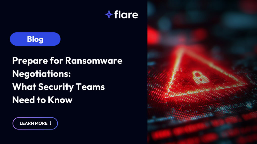 Dark background on the left with a cobalt blue oval that says "Blog" in white. Beneath is is white copy: Prepare for Ransomware Negotiations: What Security Teams Need to Know. At the top is the Flare logo. On the right is a glowing red triangle with a lock icon inside of it against a dark background.