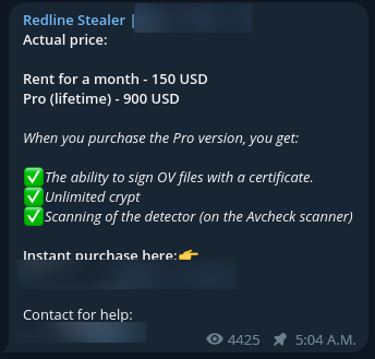 Threat actor advertises RedLine stealer malware on Telegram. The text is mostly white over a navy background. The listing lists price to rent for a month, the pro plan, the benefits of the pro version, where to purchase the malware, and who to contact for help (the latter 2 are blurred out). 
