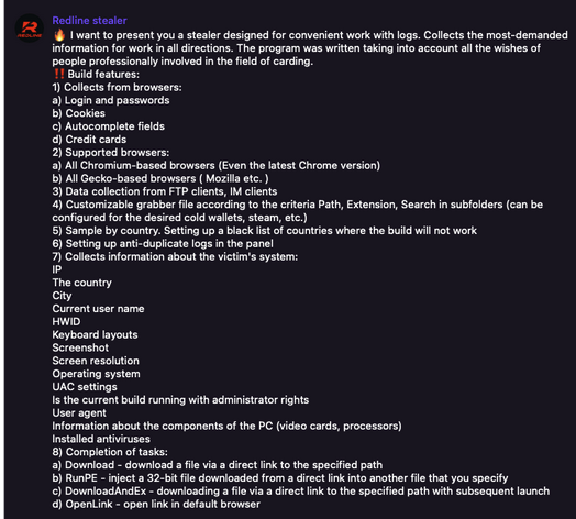 Screenshot of threat actor on Telegram promoting RedLine stealer malware. White text over a black background. The advertisement includes explanation of features, what information it collects, and more. 