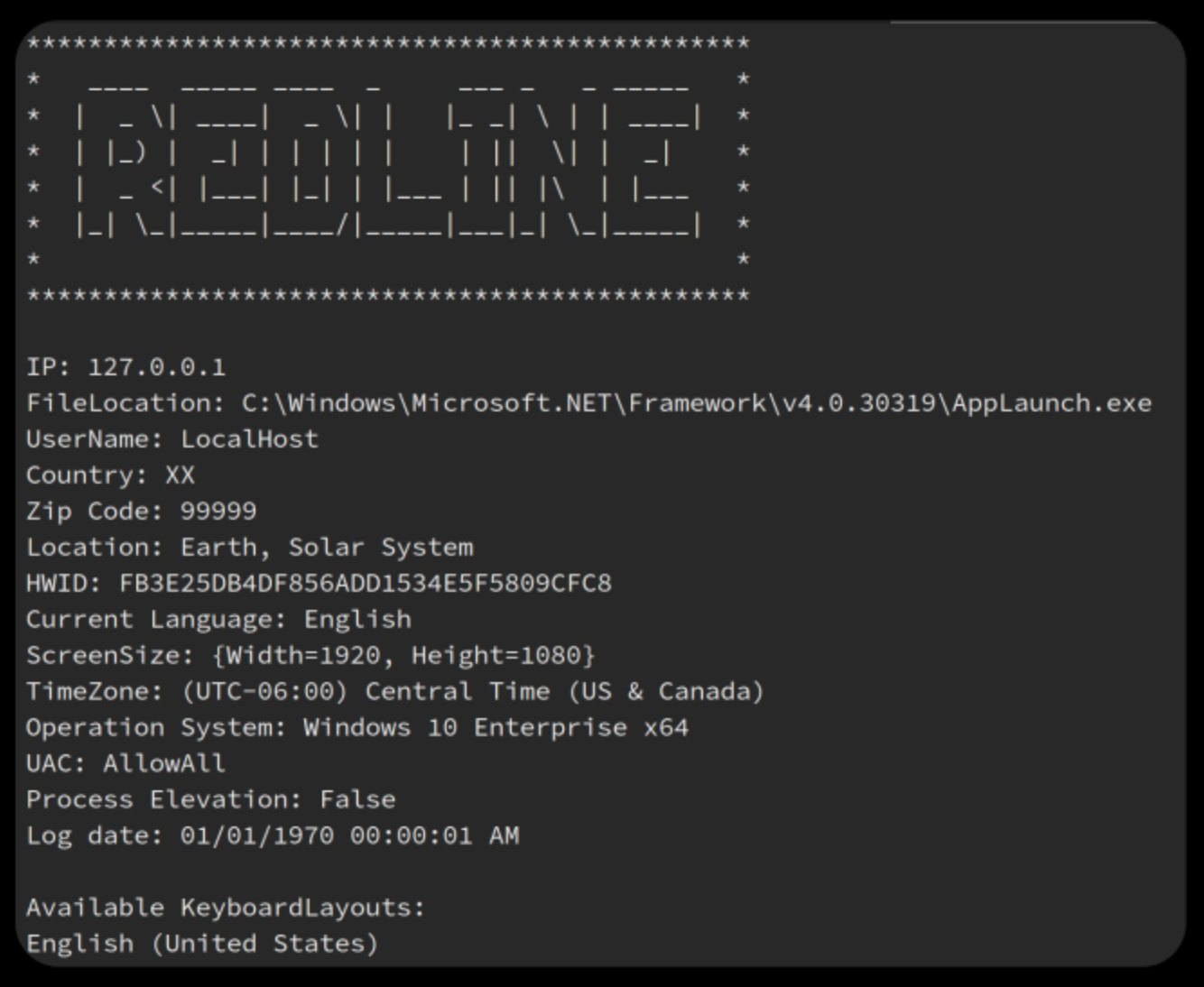 Screenshot of a RedLine stealer malware log file, with light gray text over a black background which