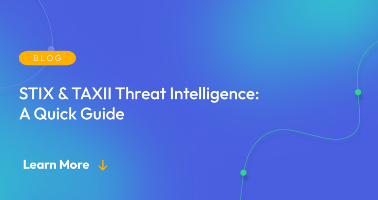 Gradient blue background. There is a light orange oval with the white text "BLOG" inside of it. Below it there's white text: "STI & TAXII Threat Intelligence: A Quick Guide." There is white text underneath that which says "Learn More" with a light orange arrow pointing down.