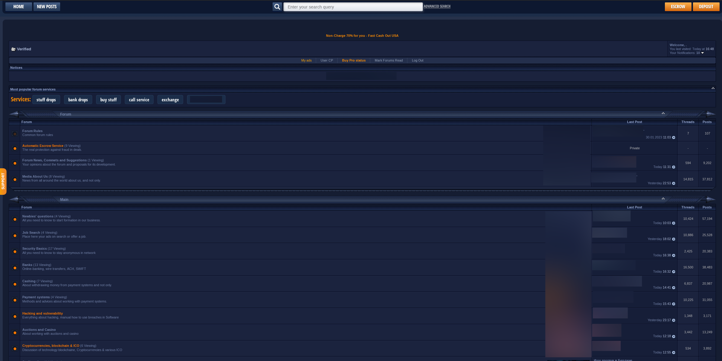 Screenshot of Verified forum. The background is navy The rest of the homepage has different sections labeled Notices, Services, Forum, and Main. 