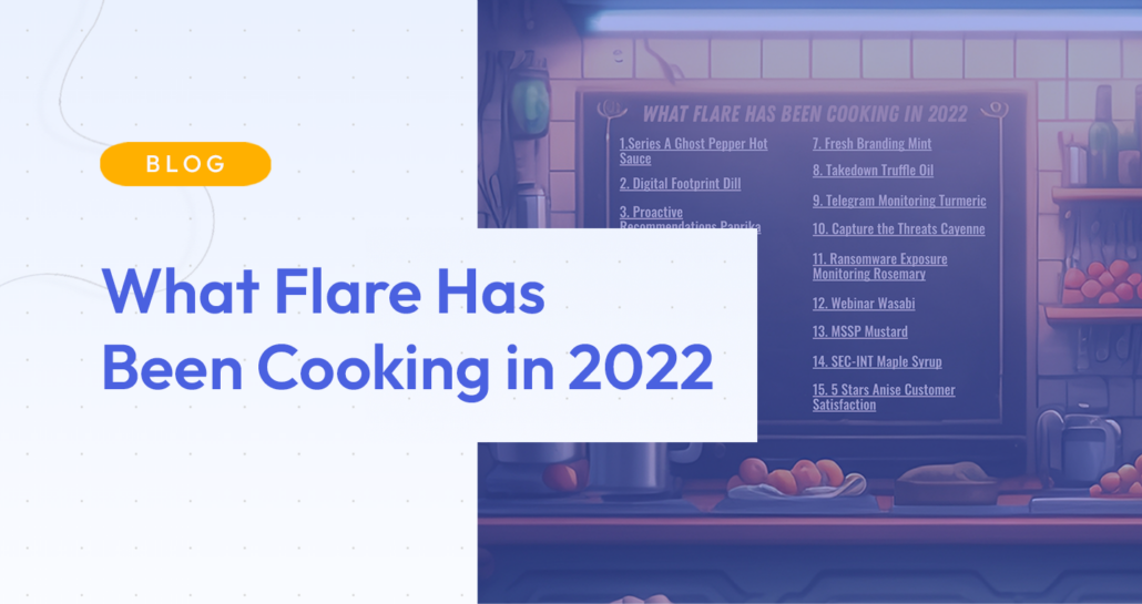 The left side of the image has a yellow bubble that says "BLOG" with blue text underneath "What Flare Has Been Cooking in 2022." The right side has a graphic of a dark kitchen with a black board listing "What Flare Has Been Cooking in 2022."