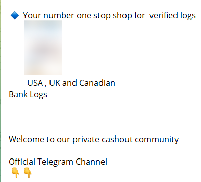 Screenshot of an advertisement for an illicit Telegram channel offering stolen credentials for multiple financial apps, and U.S., U.K., and Canadian banks.