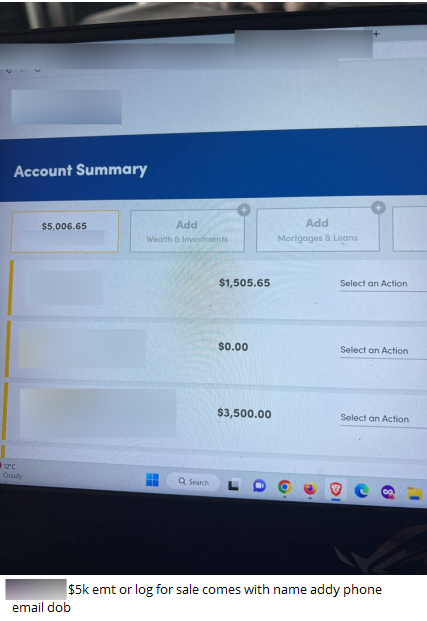 Screenshot of a bank account with about a $5000 balance. There is a caption at the bottom “[Redacted] $5k emt or log for sale comes with addy phone email dob”