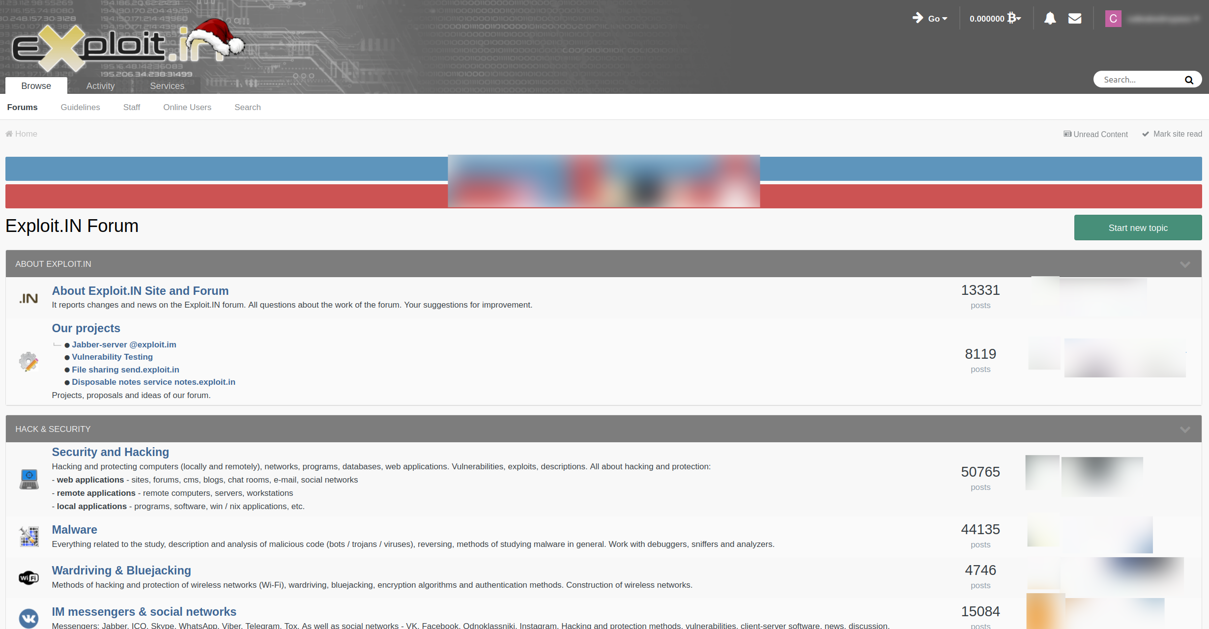Screenshot of forum with the title “Exploit.in” in the top left. The rest of the webpage shares a description about the site and forum, various projects, and sections about posts about hacking. 