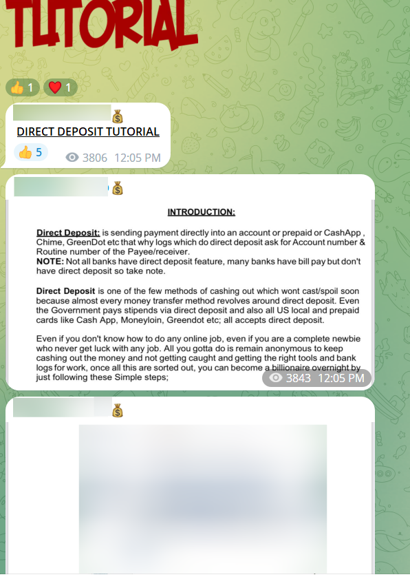 Telegram screenshot that includes three messages. The first message says "DIRECT DEPOSIT TUTORIAL." The second message includes a description of the direct deposit fraud that uses bank logs. The third message is a blurred out screenshot. 