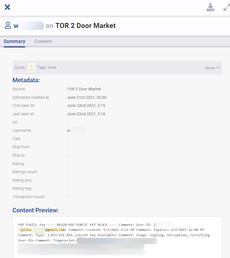 Flare screenshot shows a threat actor's PGP in TOR 2 Door Market that includes their Gmail address.