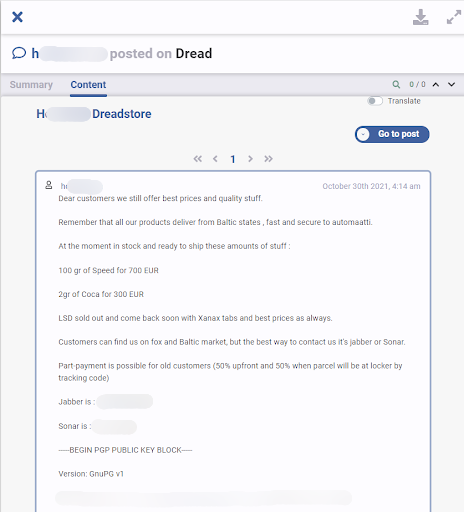 Flare screenshot shows a threat actor posting their same PGP on Dread along with advertisements for their products.