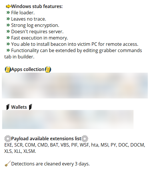 Screenshot advertising stealer logs. The sections in this ad include “Windows stub features,” “Apps collection,” “Wallets,” and “Payload available extensions lists.”
