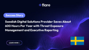 Black background with purple dots in the formation of waves. In the top middle is the Flare logo. On the left is a blue-purple oval with white text "Success Story" inside, and underneath says "Swedish Software & Services Company Saves About 600 Hours Per Year with Threat Exposure Management and Executive Reporting." At the bottom is an oval that says "LEARN MORE" with an arrow pointing down.